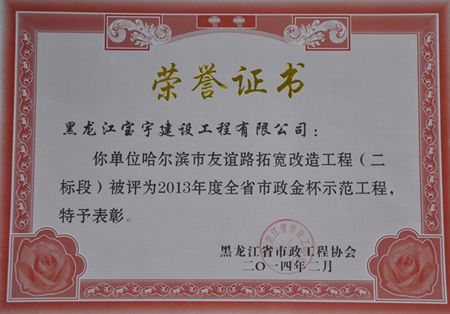 友誼路拓寬改造工程（二標段）被評為2013年度全省市政金杯示范工程